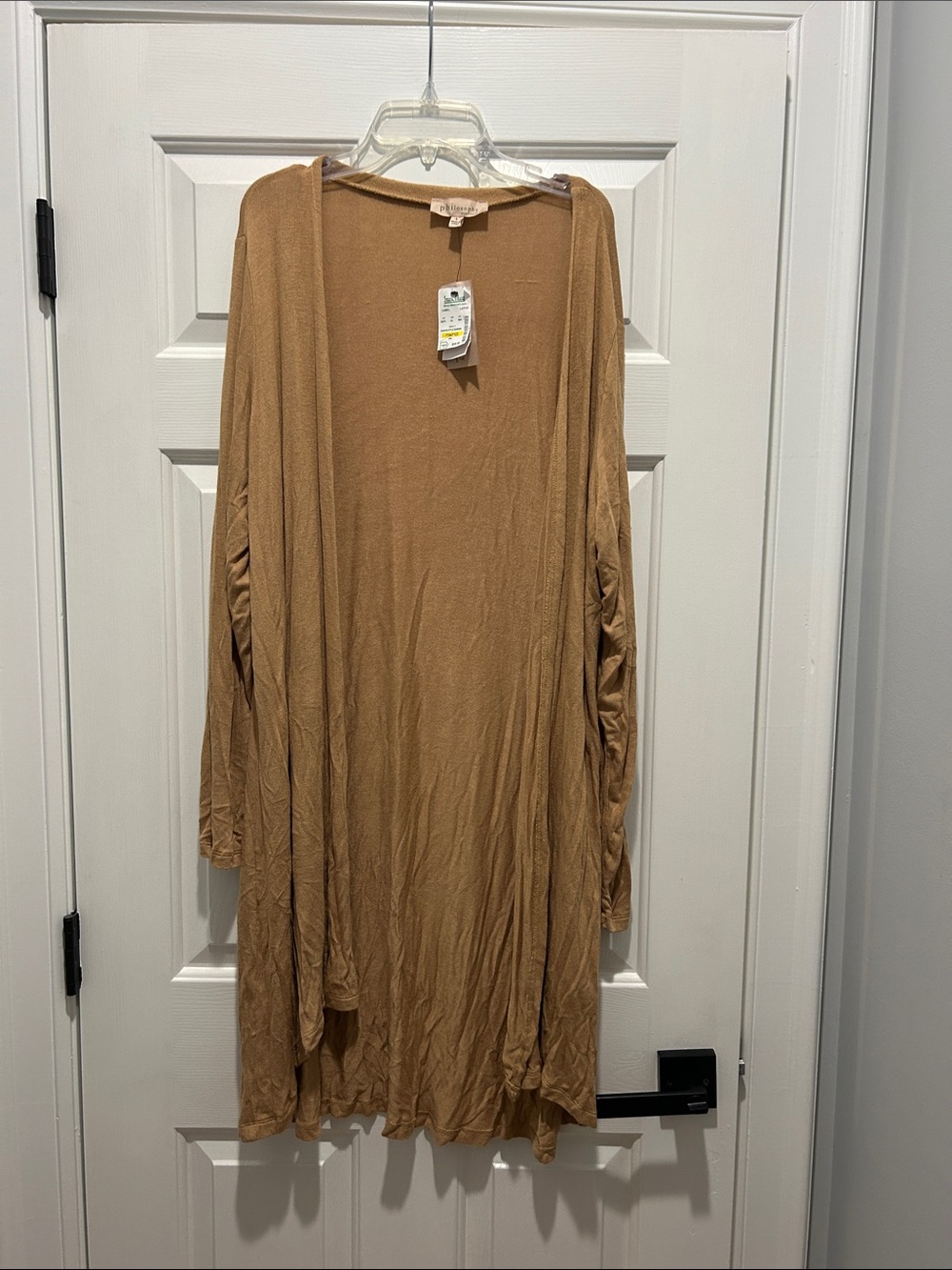 Philosophy Long Open-Front Cardigan in Camel Tan